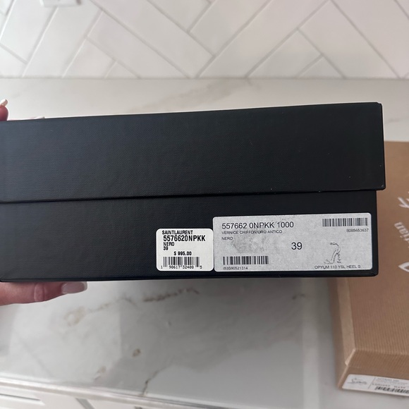 Yves Saint Laurent Opyum Patent Black Heels with Gold Logo. - Picture 4 of 7